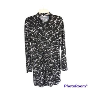 Timing Women's Button Down Black &White Print Ribbed Body Con Mini Dress Size XL